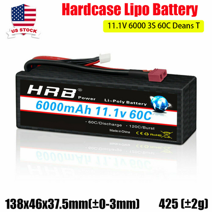 HRB hardcase LiPo battery 11.1V 6000mAh 3S 60C with size and weight graphic (138x46x37.5mm, 425g)