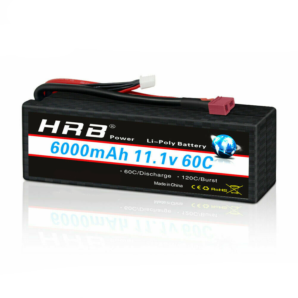 HRB 3S 11.1V 6000mAh 60C hardcase LiPo battery side label view with Deans-style plug and balance lead