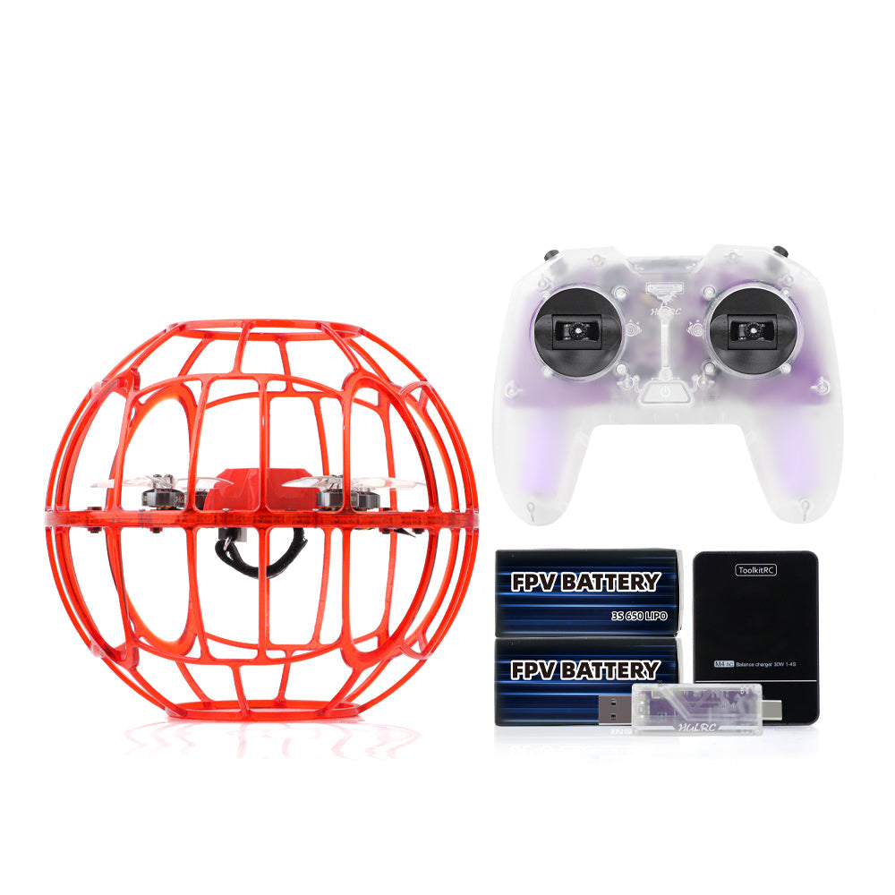 Red protective cage soccer drone body with FPV battery pack and included accessory