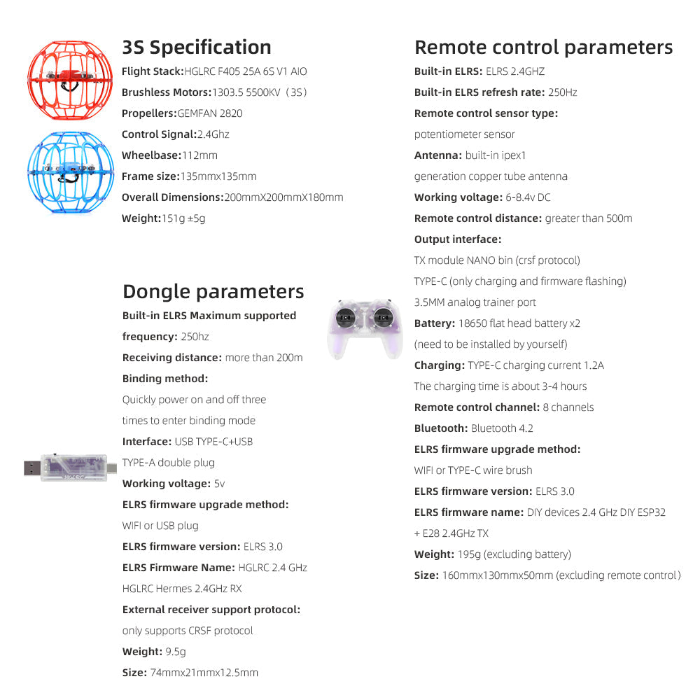 3S specification sheet for soccer drone kit, remote control parameters and dongle info