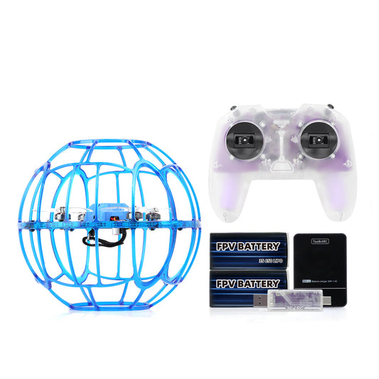 HGLRC D200 Soccer Drone in blue protective ball cage with FPV battery and accessories