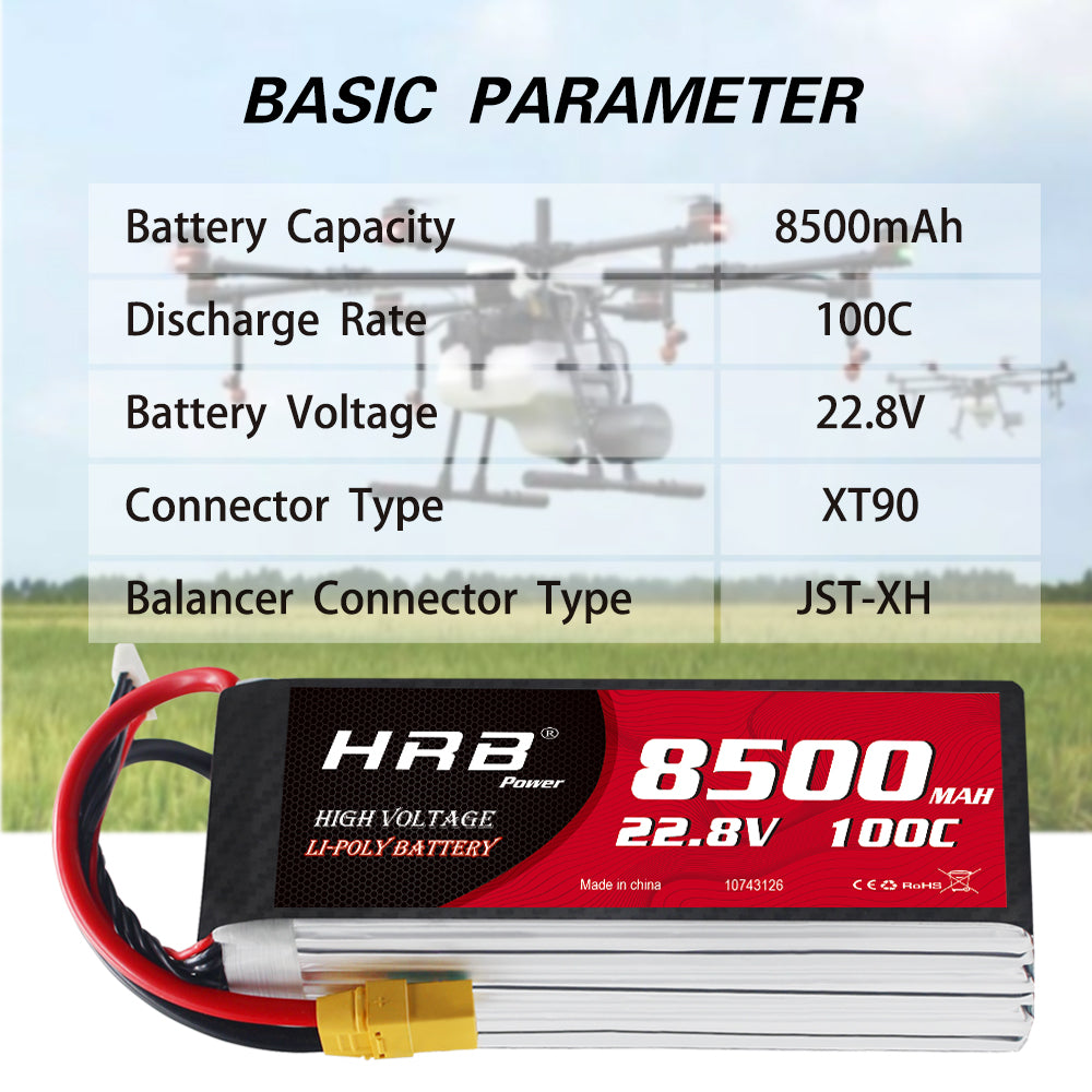 Basic parameters chart for 8500mAh 100C 22.8V LiPo battery, XT90 connector and JST-XH balance plug