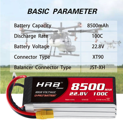 Basic parameters chart for 8500mAh 100C 22.8V LiPo battery, XT90 connector and JST-XH balance plug
