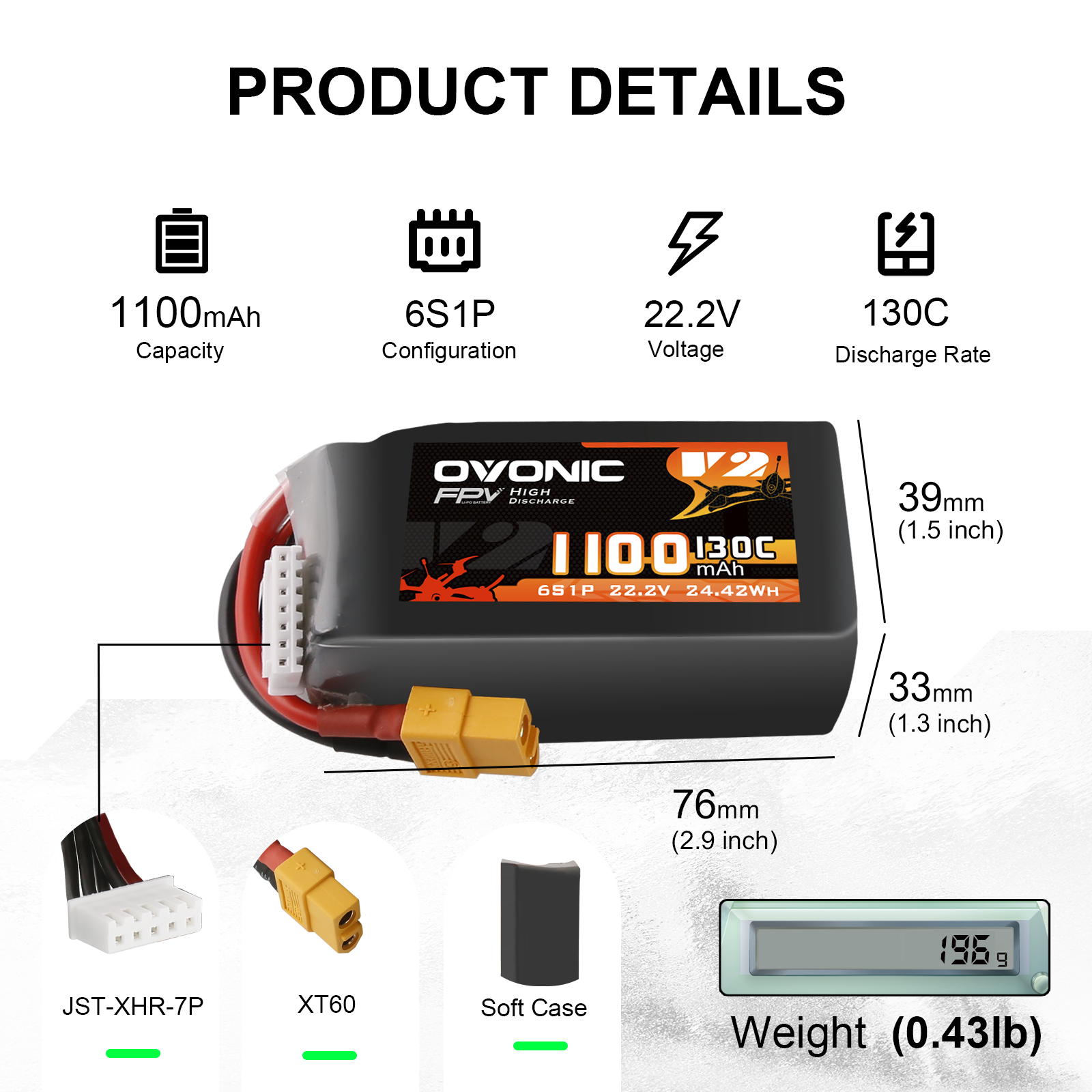 Product details infographic for 1100mAh 6S1P 22.2V 130C LiPo battery with dimensions, XT60 and balance plug