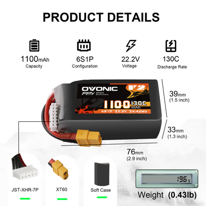 Product details infographic for 1100mAh 6S1P 22.2V 130C LiPo battery with dimensions, XT60 and balance plug