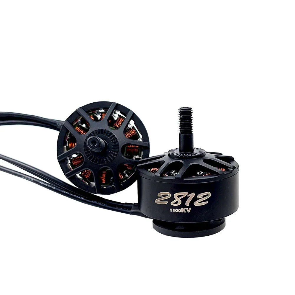 2812 1100KV motor shown from side and bottom, open bell design with copper windings and lead wires