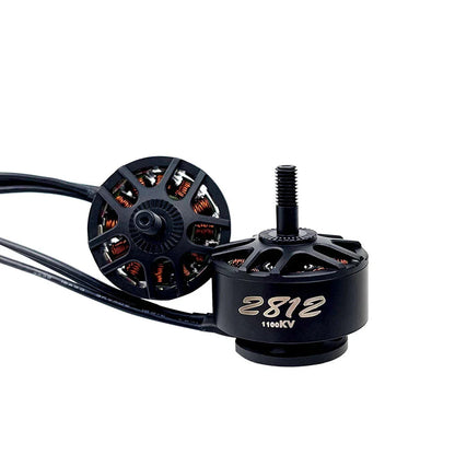 2812 1100KV motor shown from side and bottom, open bell design with copper windings and lead wires