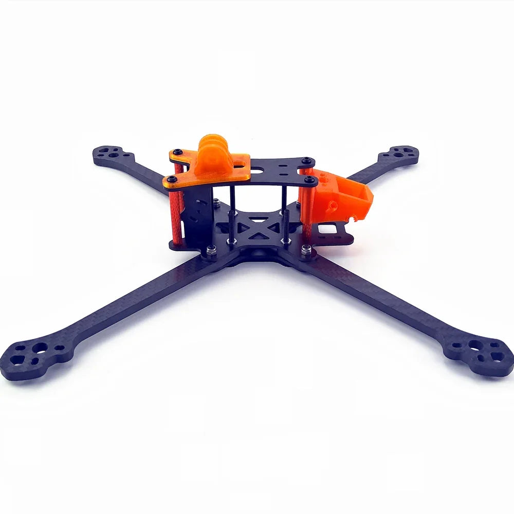 Darwin 129 carbon FPV quad frame side profile showing standoffs, top plate, and front mount