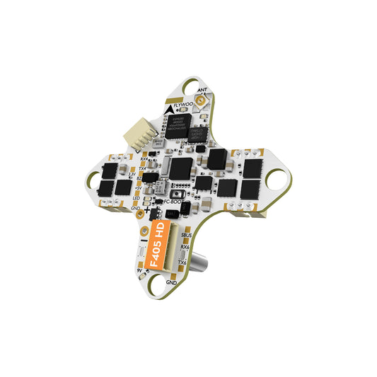 Flywoo GOKU F405 HD AIO flight controller/ESC board with U.FL antenna port and labeled RX/TX, SBUS, 5V and 9V pads