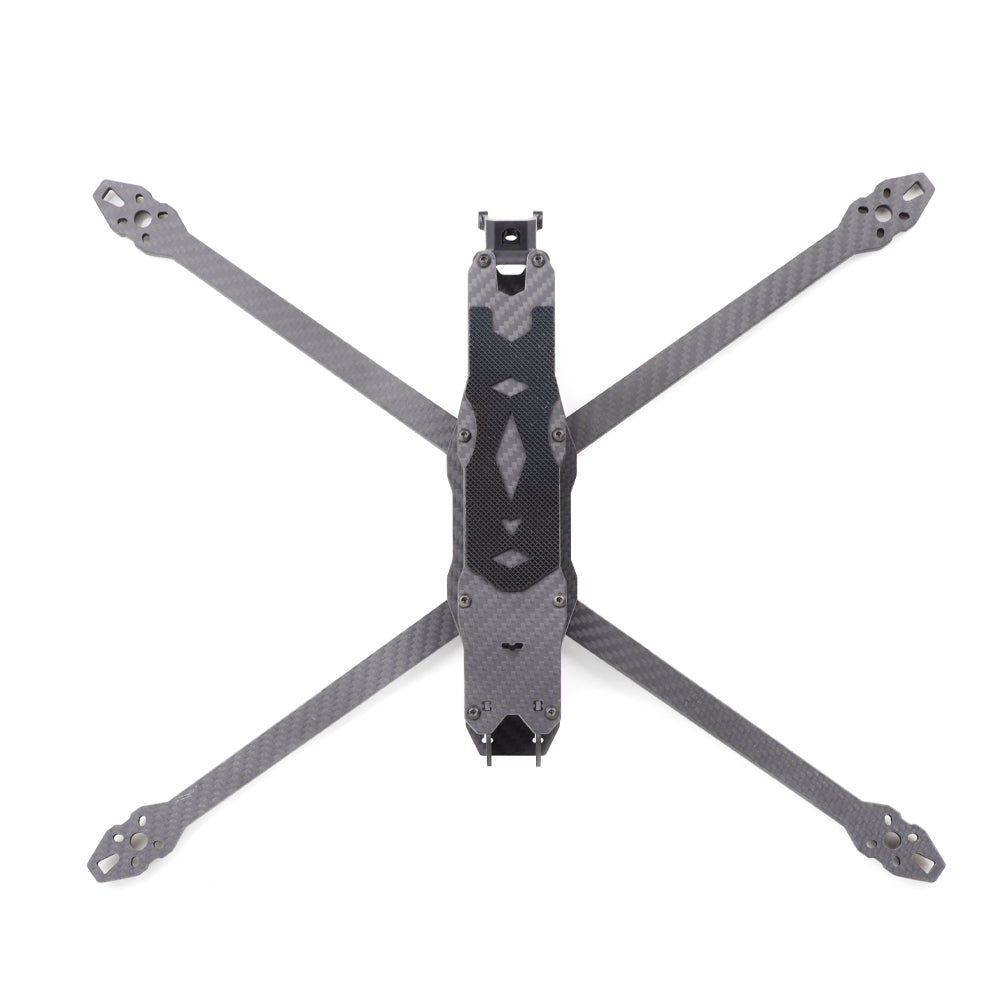 Top-down view of MY10 quadcopter frame layout showing carbon fiber plates and four long arms