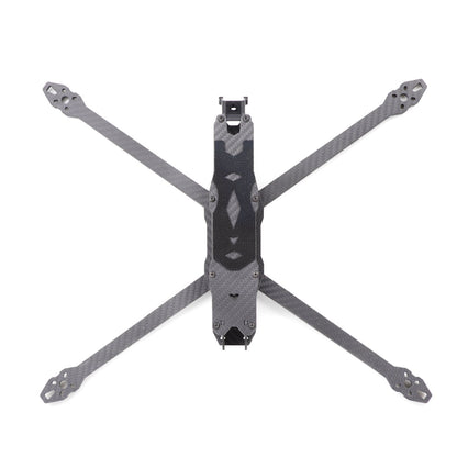 Top-down view of MY10 quadcopter frame layout showing carbon fiber plates and four long arms