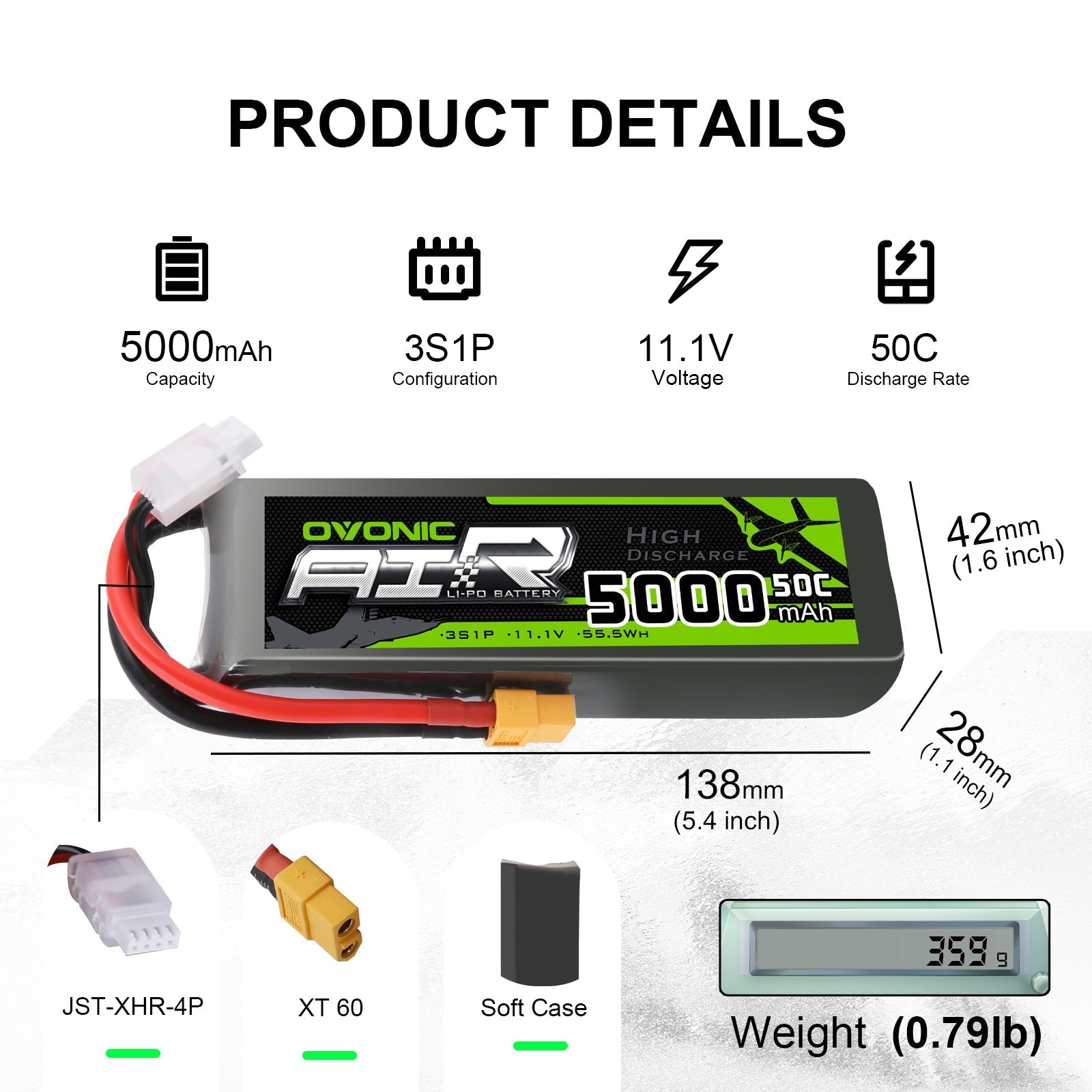 OVONIC 3S 11.1V 5000mAh 50C LiPo Battery specs: 138×42×28mm, 359g, XT60 and JST-XHR-4P