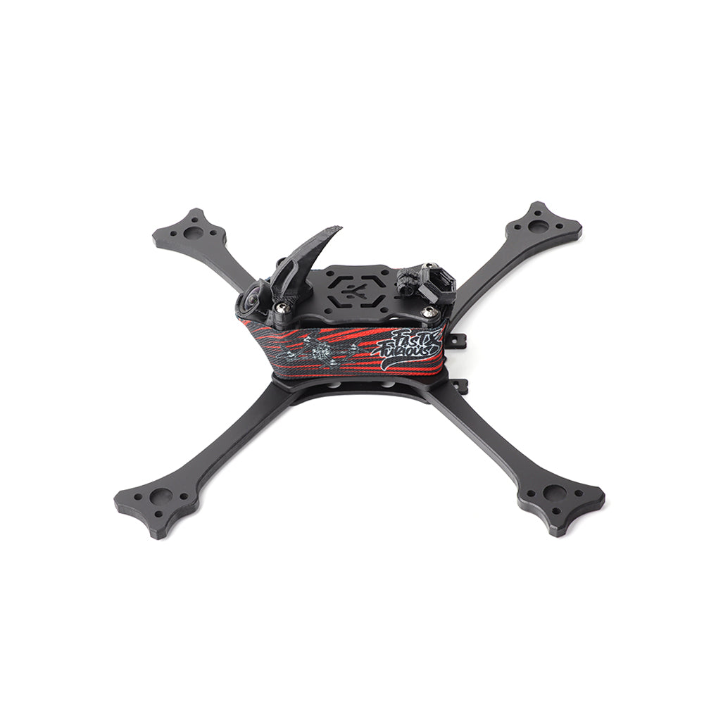 Top-down view of carbon fiber racing drone frame with X layout arms and center top plate
