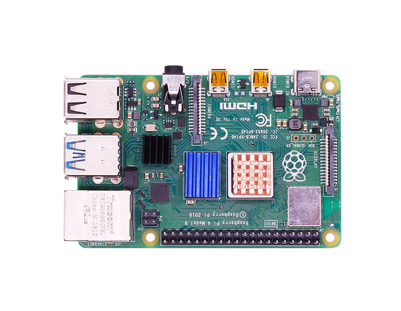 Raspberry Pi 4B board with heatsinks installed on chips for cooling