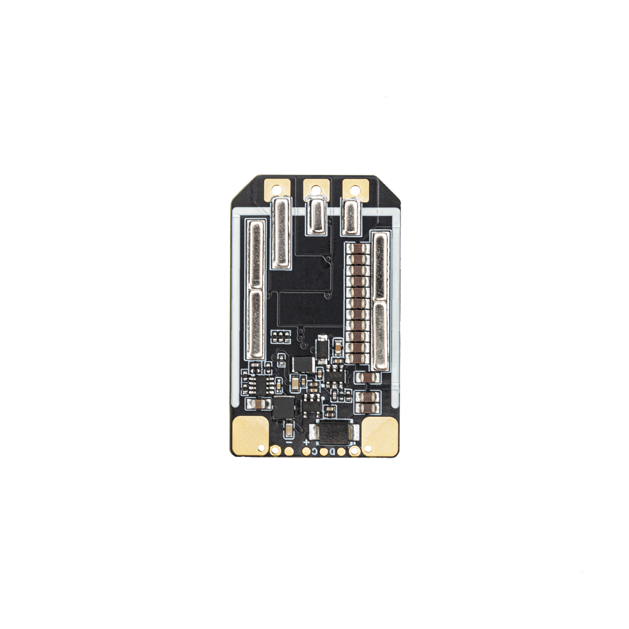 Top-down view of ESC component side with three large battery/motor pads and capacitors