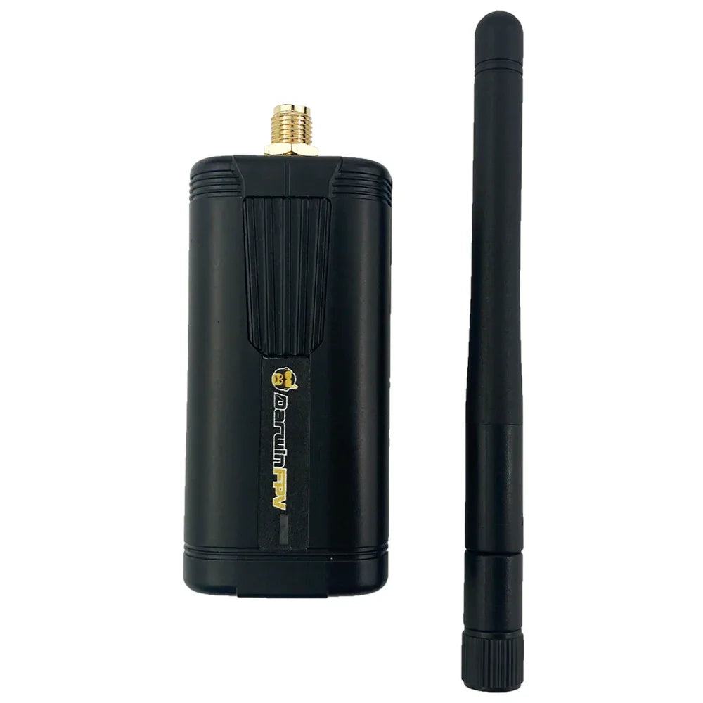 Front view of transmitter module next to full-length antenna, both on white background