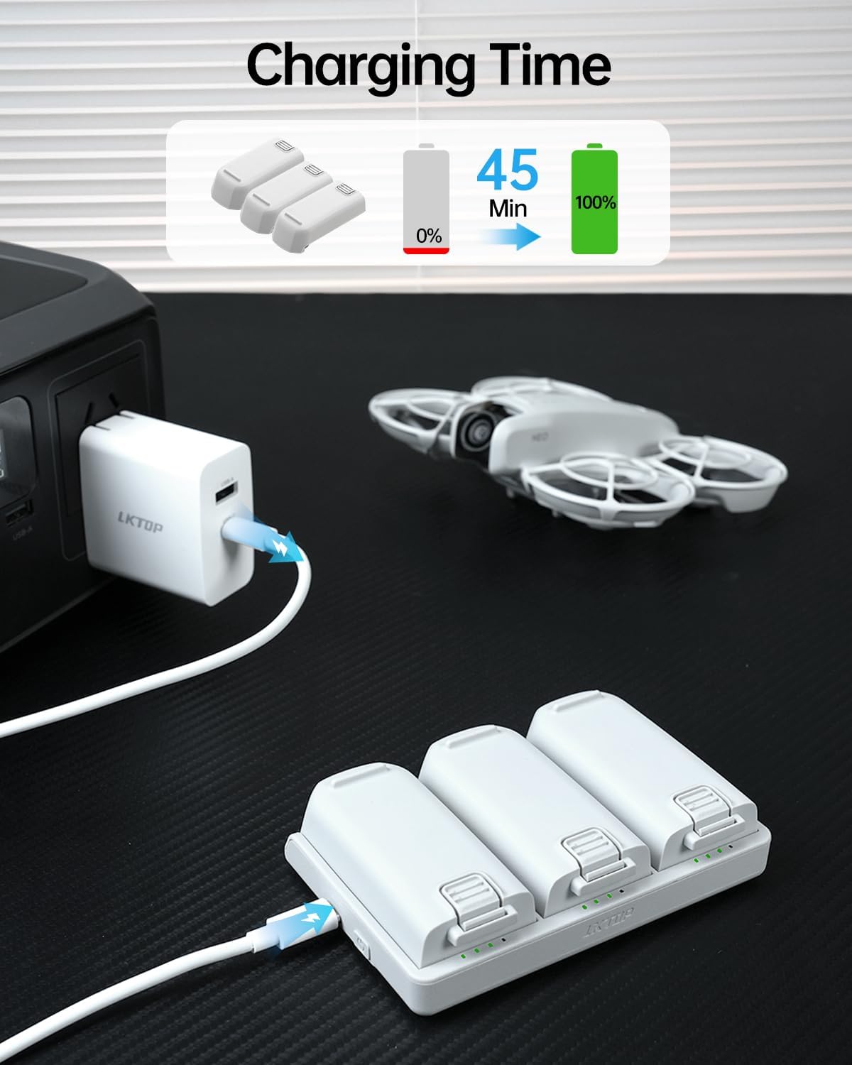 LKTOP 65W Neo Two-Way Charging Hub for DJI Neo Batteries, Parallel Charge 3 in 45 min, 100%/60% Modes, USB-C I/O