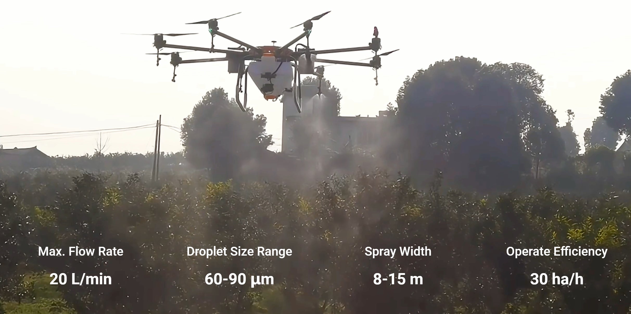 H160 Agricultural Drone, Max Flow Rate Droplet Size Range Spray Width Operate Efficiency 20 Ll