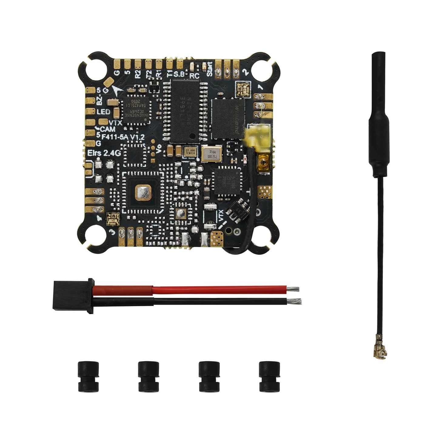 AIO flight controller and included parts laid out: antenna, battery lead with plug, and four soft mounting gummies