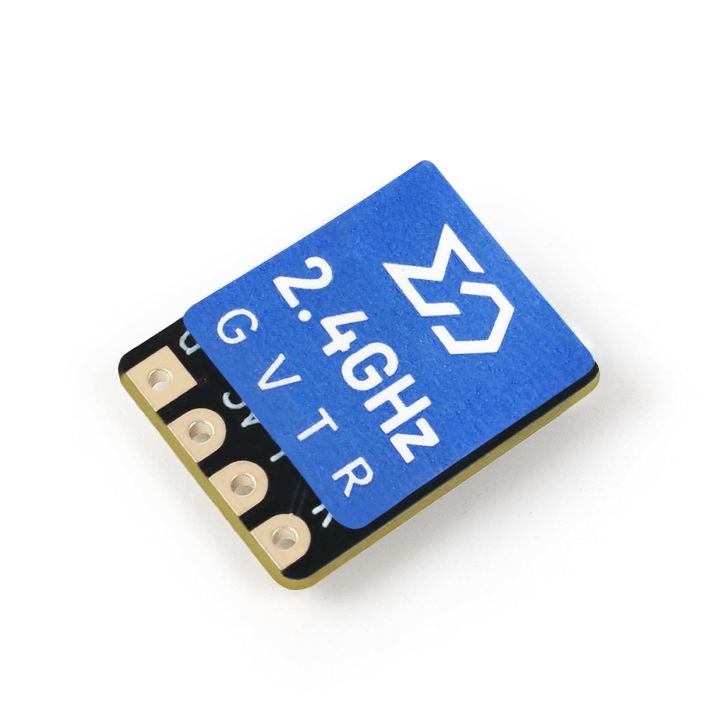 Sub250 ELRS Nano 2.4G Receiver top view, blue 2.4GHz label with GVTR pad markings