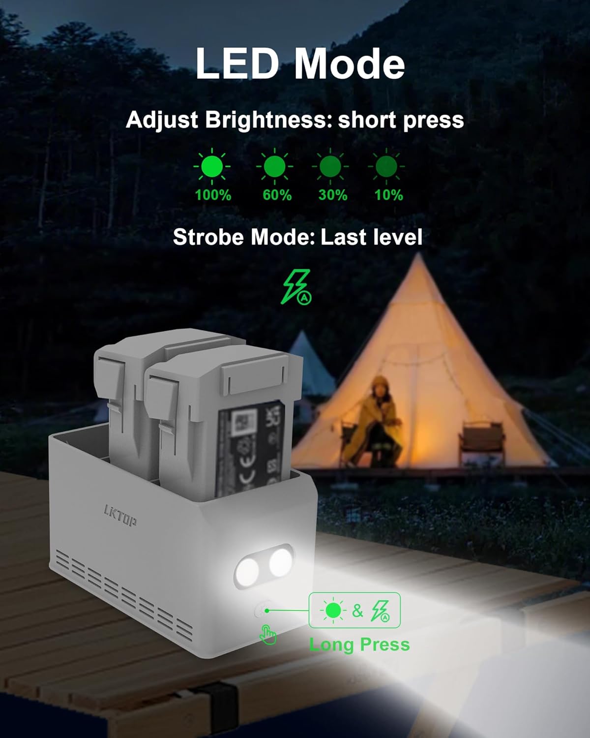 Adjustable brightness, strobe mode, long press function.
