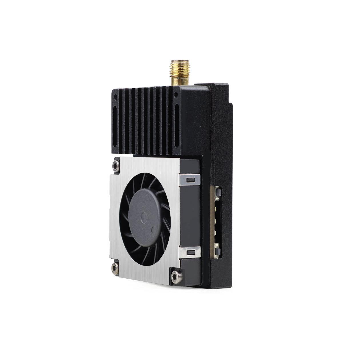 3.3G 5W SMA VTX video transmitter, angled view with heatsink, cooling fan, and SMA antenna connector