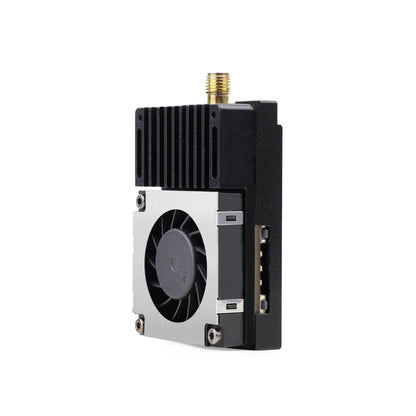 3.3G 5W SMA VTX video transmitter, angled view with heatsink, cooling fan, and SMA antenna connector