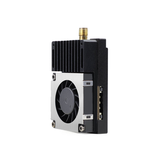 3.3G 5W SMA VTX video transmitter, angled view with heatsink, cooling fan, and SMA antenna connector