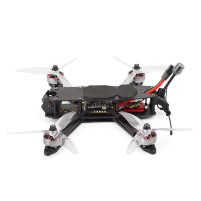 Top-down view of MY5 FPV quadcopter showing carbon top plate, battery pad, wiring, and four motors