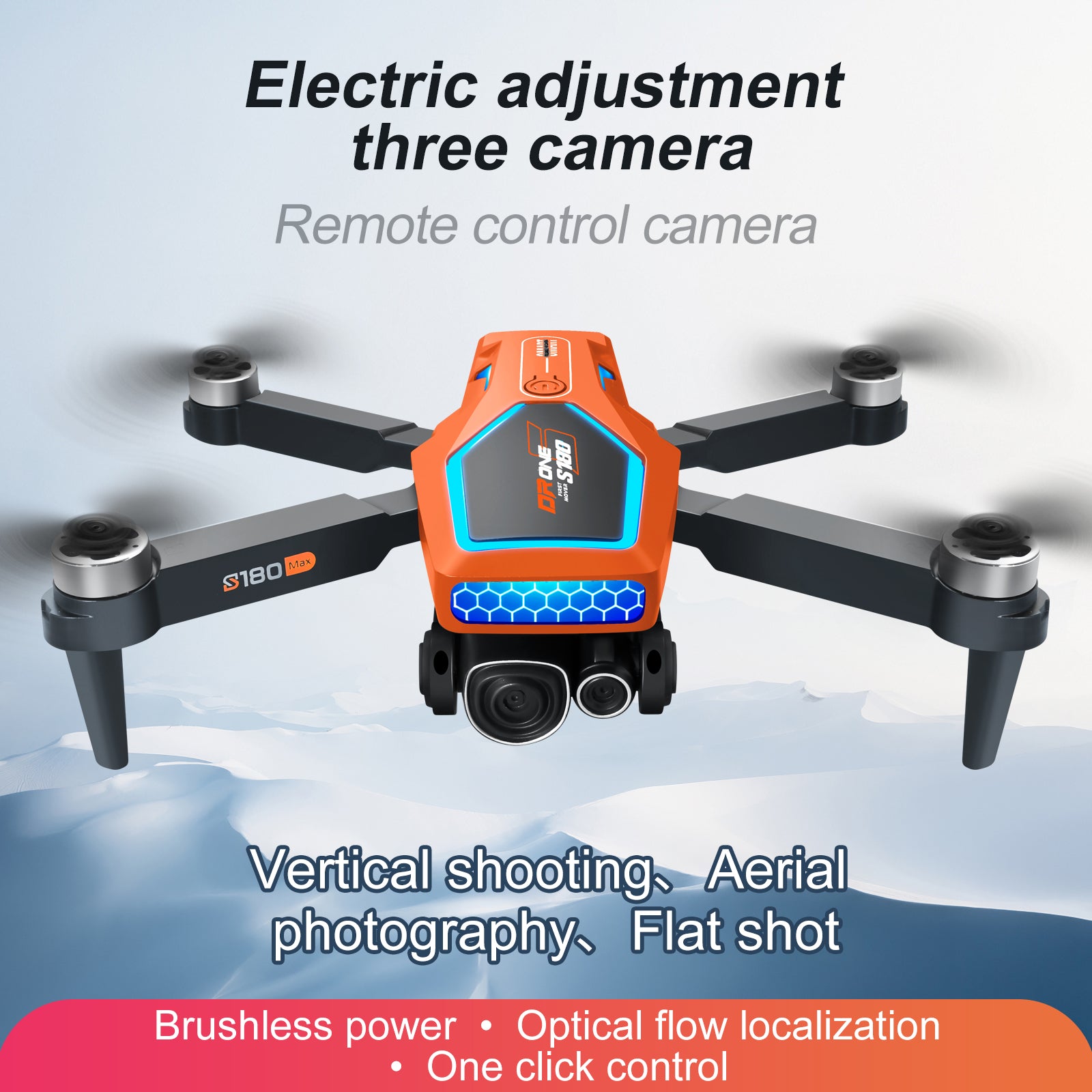 S180 Drone, High-tech drone with adjustable settings, multiple cameras, remote control, and advanced features.