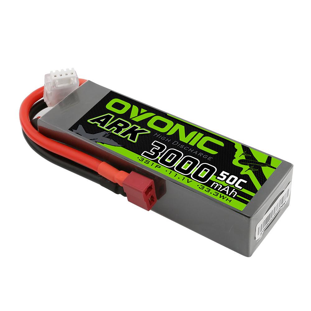 Ovonic ARK 3S 3000mAh 50C LiPo battery angled view with Deans (T) plug and white balance connector