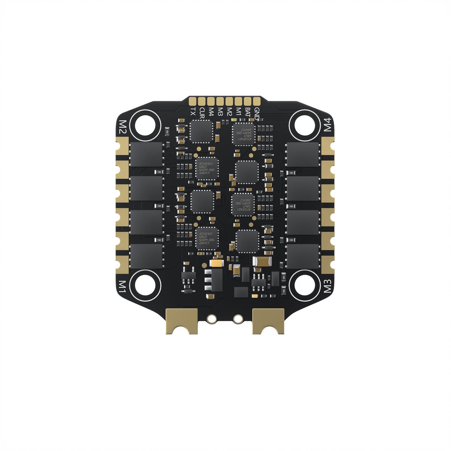 GEPRC TAKER H65 8S 32-bit 65A 4-in-1 ESC, Compact 30.5x30.5mm 4-in-1 ESC board for 3–8S LiPo, labeled M1–M4 outputs, gold contacts, TX/CUR/BAT/GND pins, supports DShot.