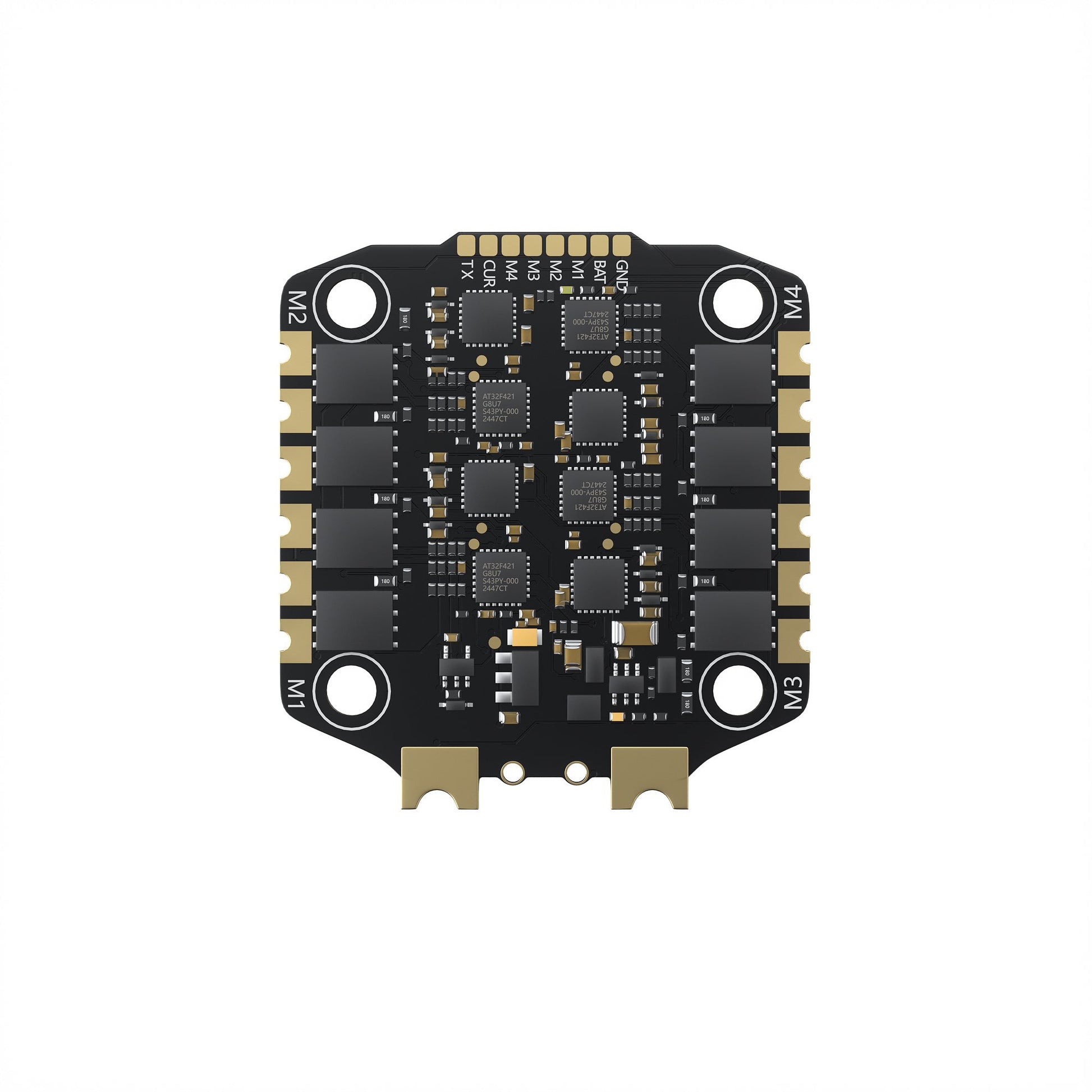 GEPRC TAKER H65 8S 32-bit 65A 4-in-1 ESC, Compact 30.5x30.5mm 4-in-1 ESC board for 3–8S LiPo, labeled M1–M4 outputs, gold contacts, TX/CUR/BAT/GND pins, supports DShot.