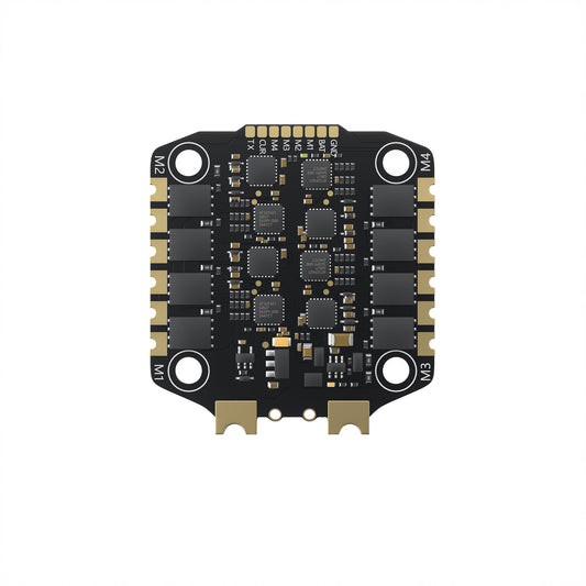 GEPRC TAKER H65 8S 32-bit 65A 4-in-1 ESC, Compact 30.5x30.5mm 4-in-1 ESC board for 3–8S LiPo, labeled M1–M4 outputs, gold contacts, TX/CUR/BAT/GND pins, supports DShot.
