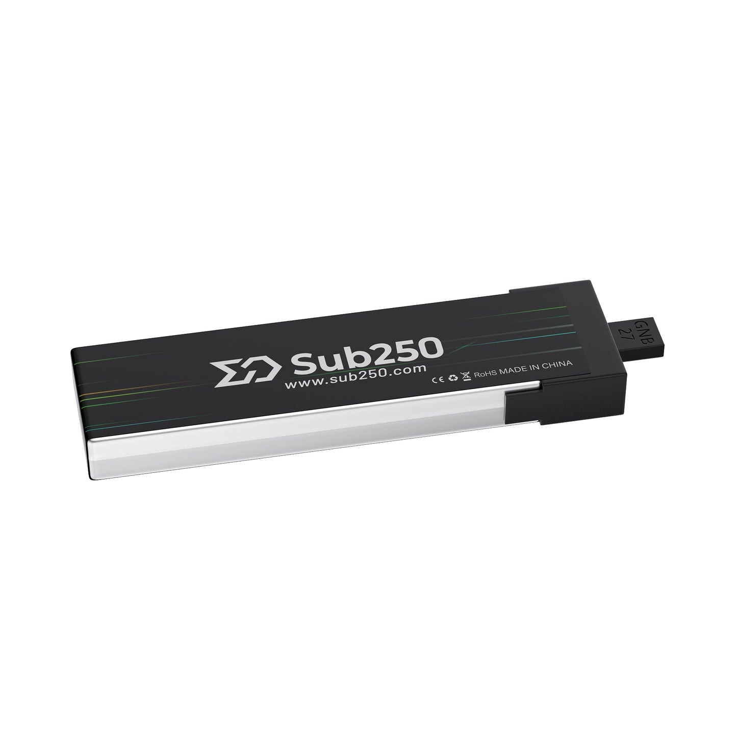 Sub250 battery rear view showing Sub250 logo, sub250.com text, and connector end