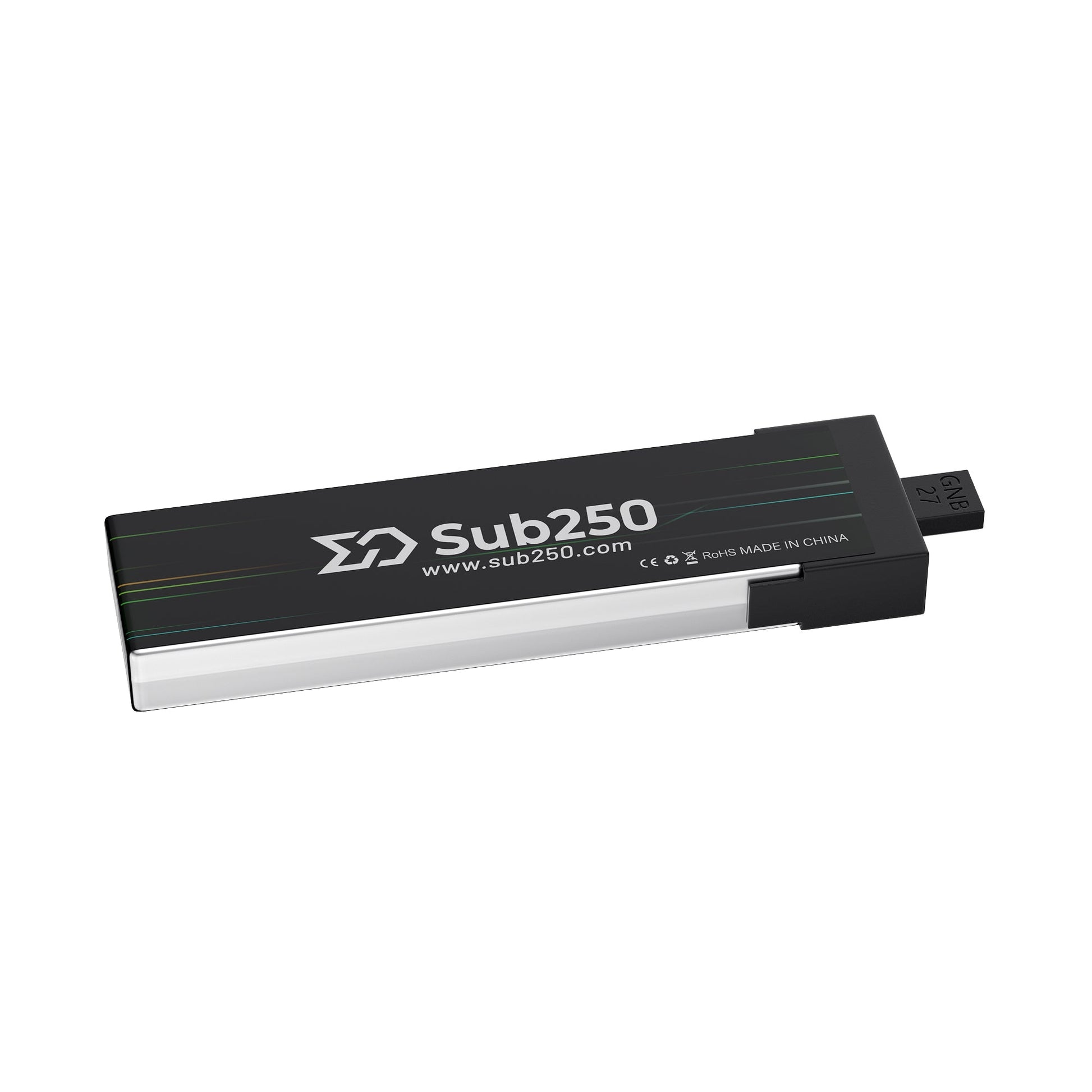 Sub250 battery rear view showing Sub250 logo, sub250.com text, and connector end