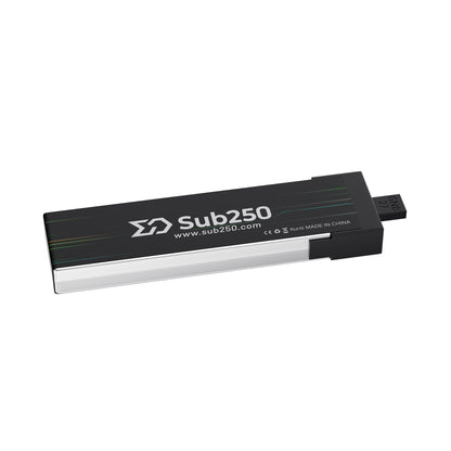 Sub250 battery rear view showing Sub250 logo, sub250.com text, and connector end