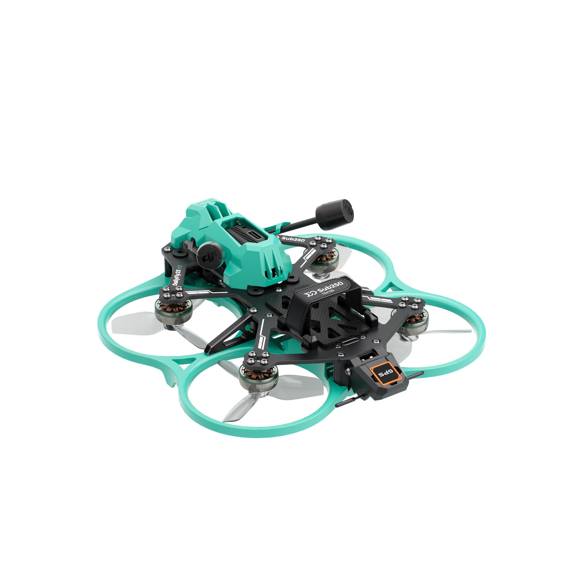Rear three-quarter view of ducted cinewhoop drone showing top electronics stack and SD card slot area