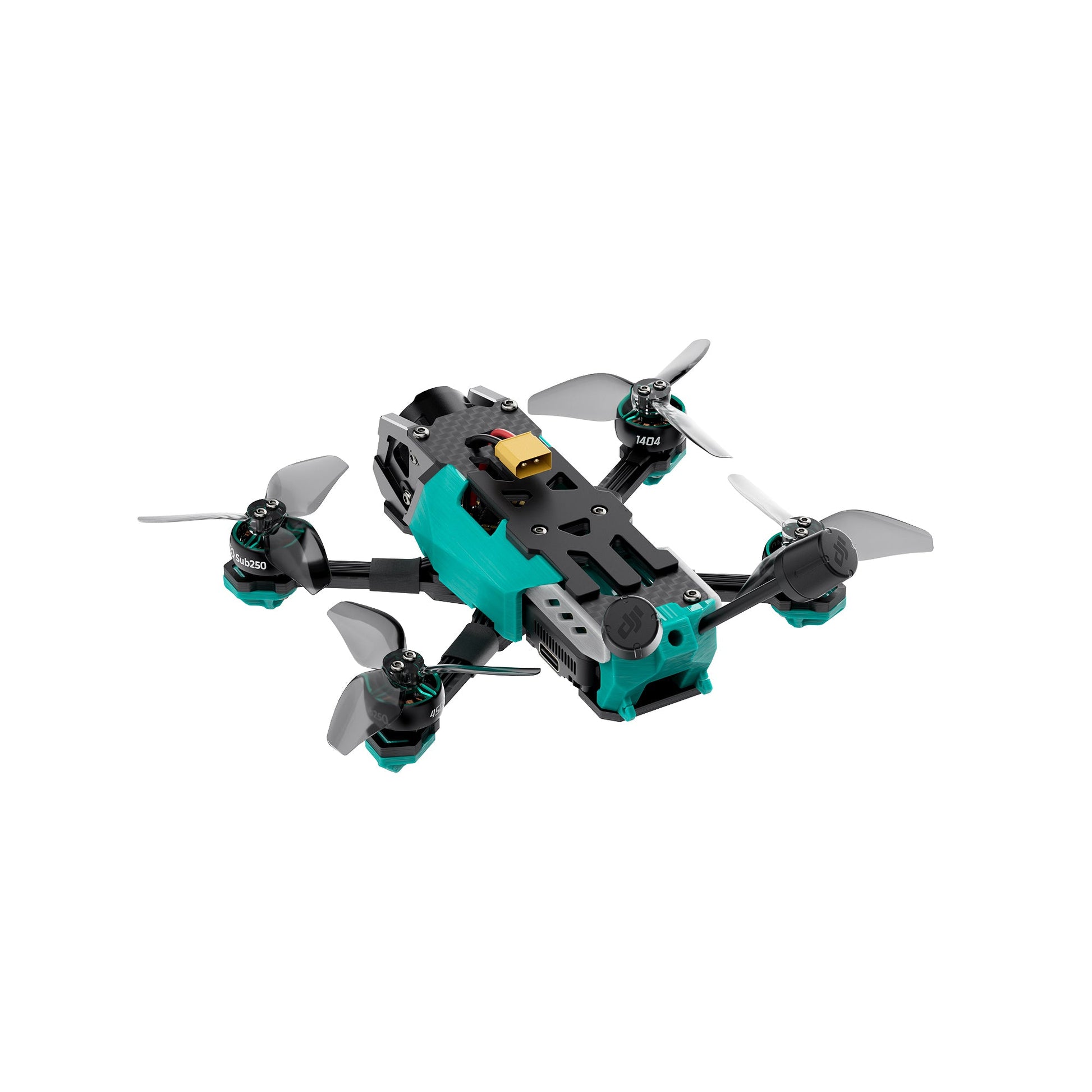Top rear three-quarter view of Oasisfly30 3-inch quadcopter showing prop layout, top plate, and XT30 lead