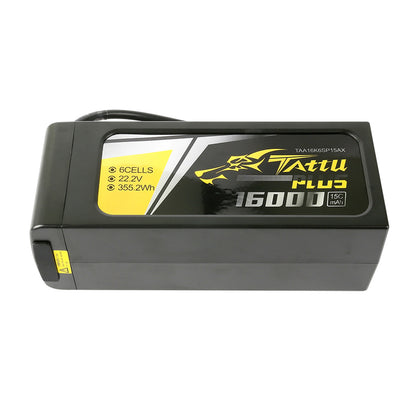 Tattu Plus 16000mAh 6S 15C 22.2V Lipo Battery, Lipoly battery pack with high capacity and long lifespan for demanding applications.