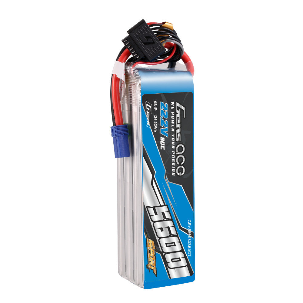 Gens ace Sport 5600mAh 6S 22.2V 80C LiPo battery pack with EC5-style blue connector and balance lead