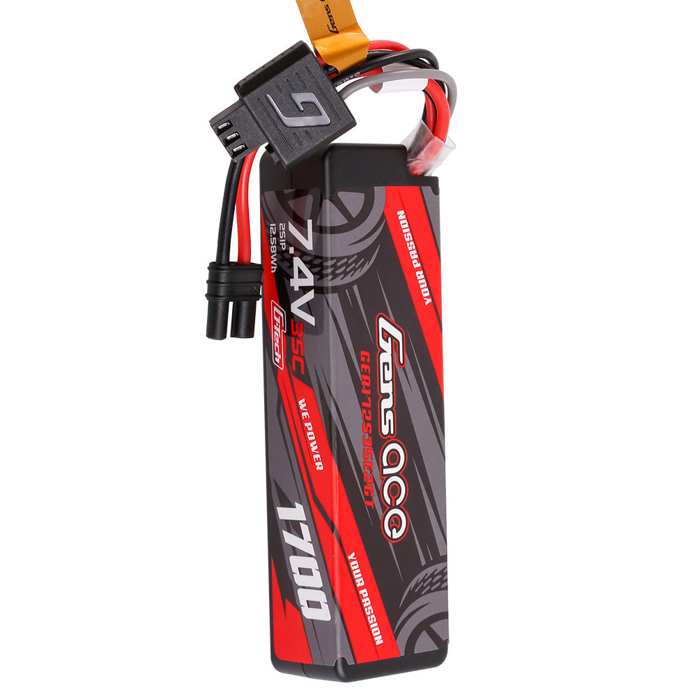 Gens ace G-Tech 1700mAh 2S 7.4V 35C hardcase LiPo battery pack with wired IEC2-style plug and leads