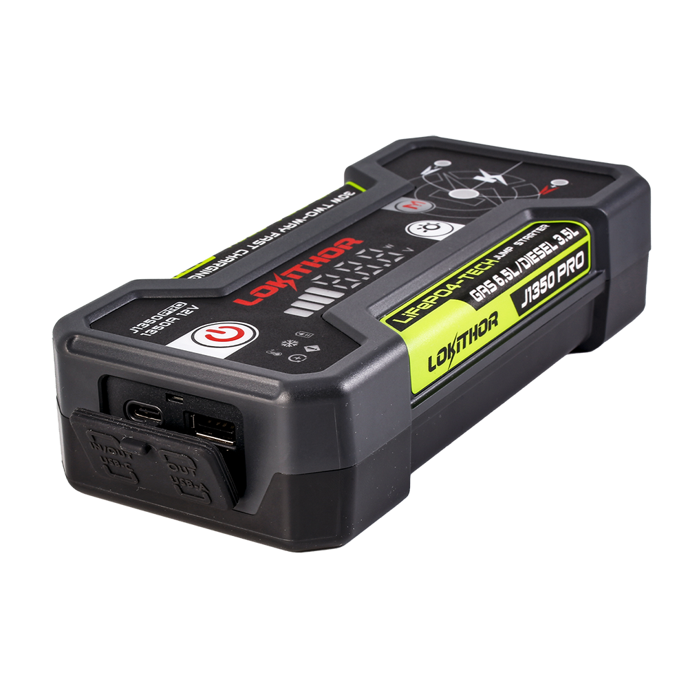 Lokithor J1350 PRO 12V LiFePO4 jump starter with power button and USB-C in/out plus USB-A output ports