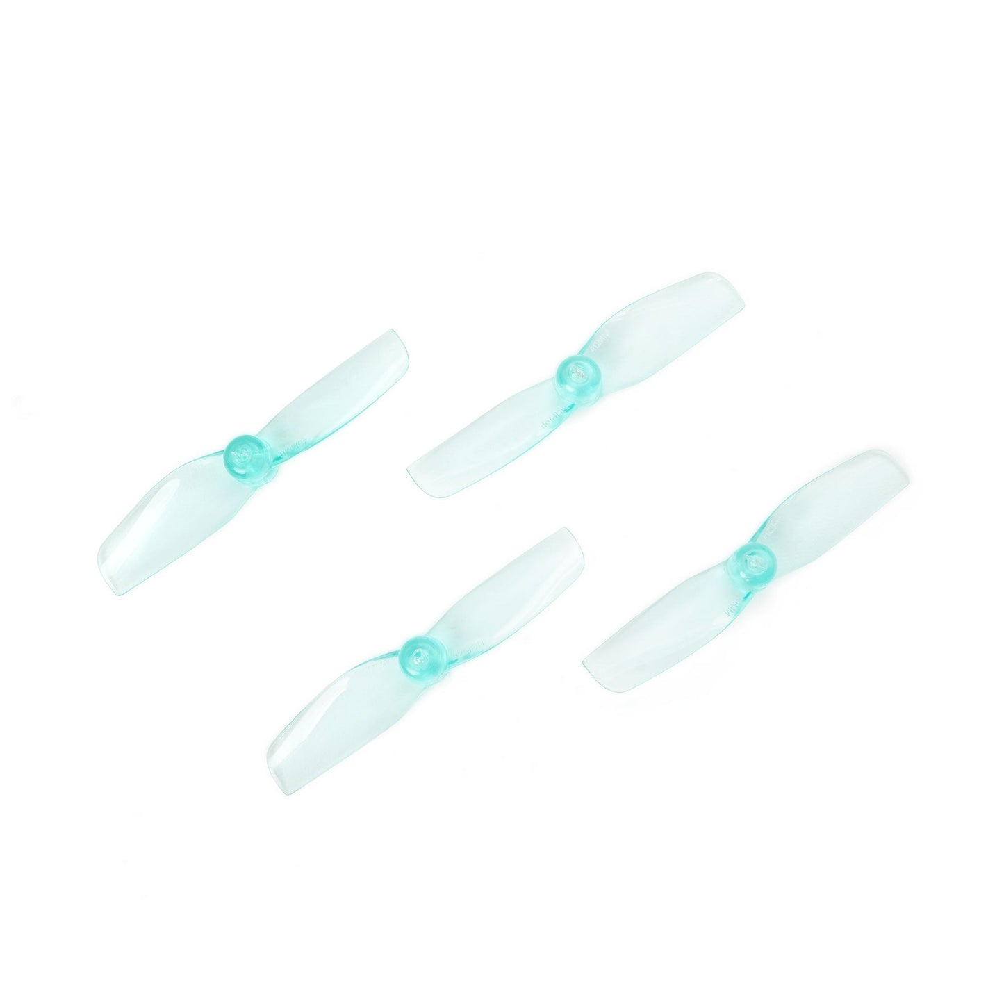 Four translucent aqua 2-blade micro whoop propellers arranged diagonally on white background