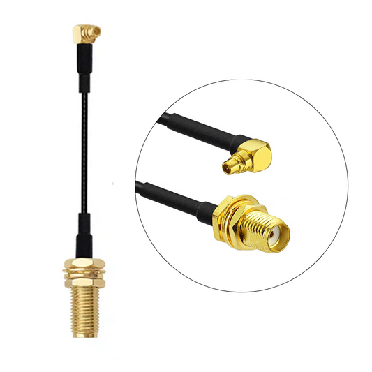 90° MMCX Male to SMA Female Cable, 90° MMCX male to SMA female pigtail cable with right-angle gold MMCX plug and bulkhead SMA connector