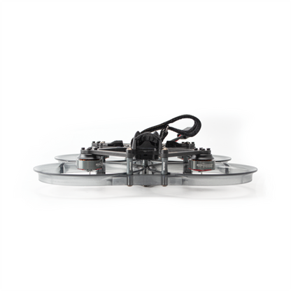 Low side profile of cinewhoop frame with duct guards and motor layout, front end in focus
