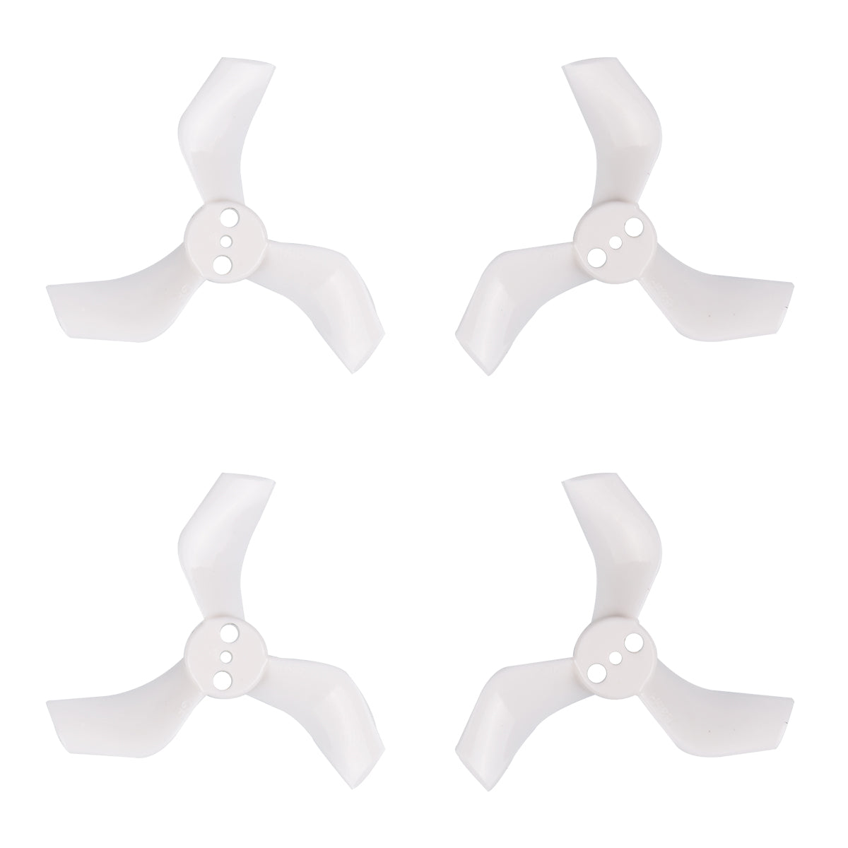 White 40mm tri-blade whoop propellers with three-hole hub, four props on white background
