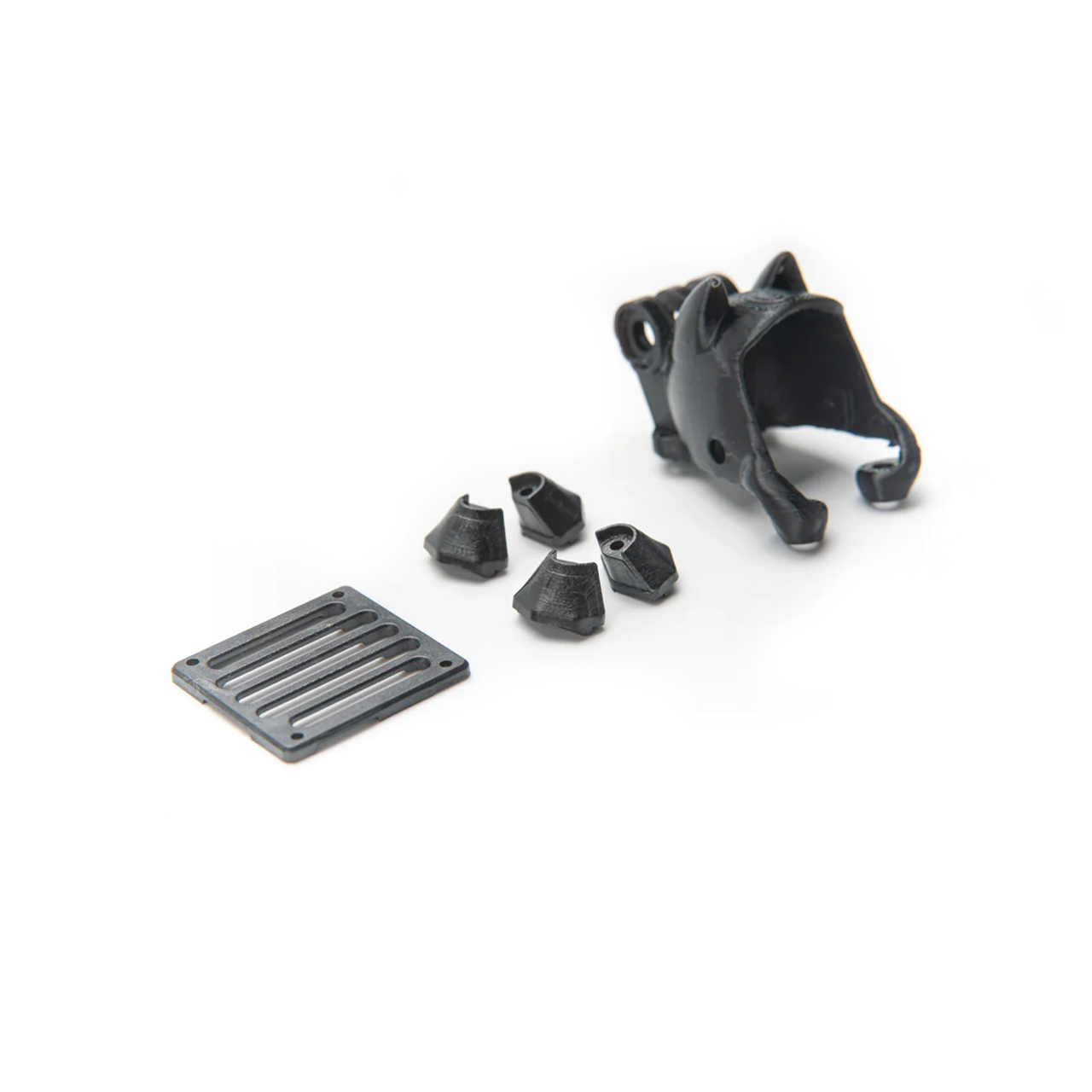 Angled view of 3D-printed mount with four spacer blocks and a slotted mounting plate from the kit