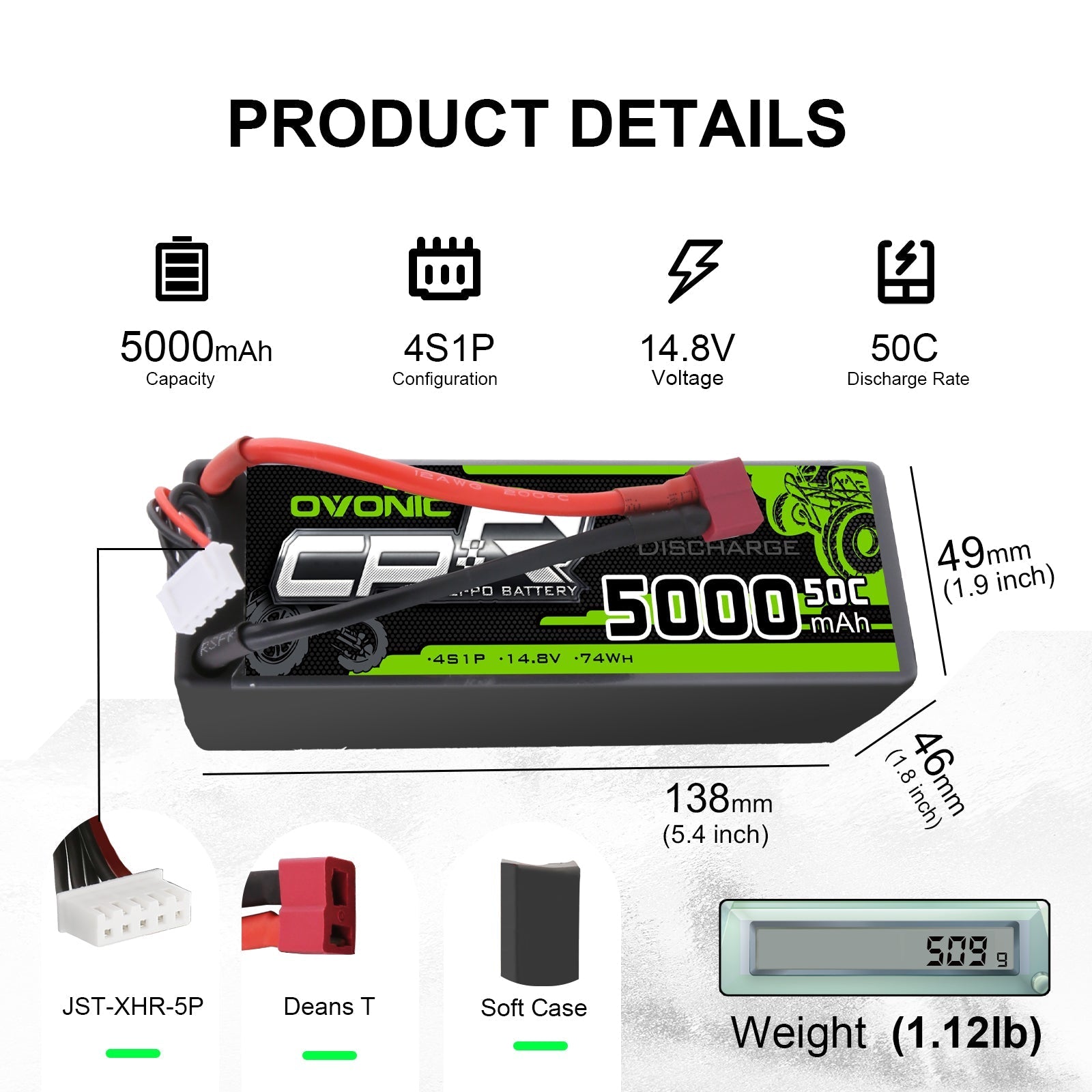 OVONIC 4S 5000mAh 50C 14.8V hardcase LiPo battery dimensions, weight, and connector types chart