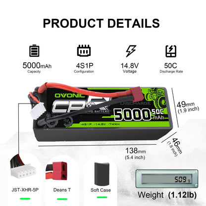OVONIC 4S 5000mAh 50C 14.8V hardcase LiPo battery dimensions, weight, and connector types chart